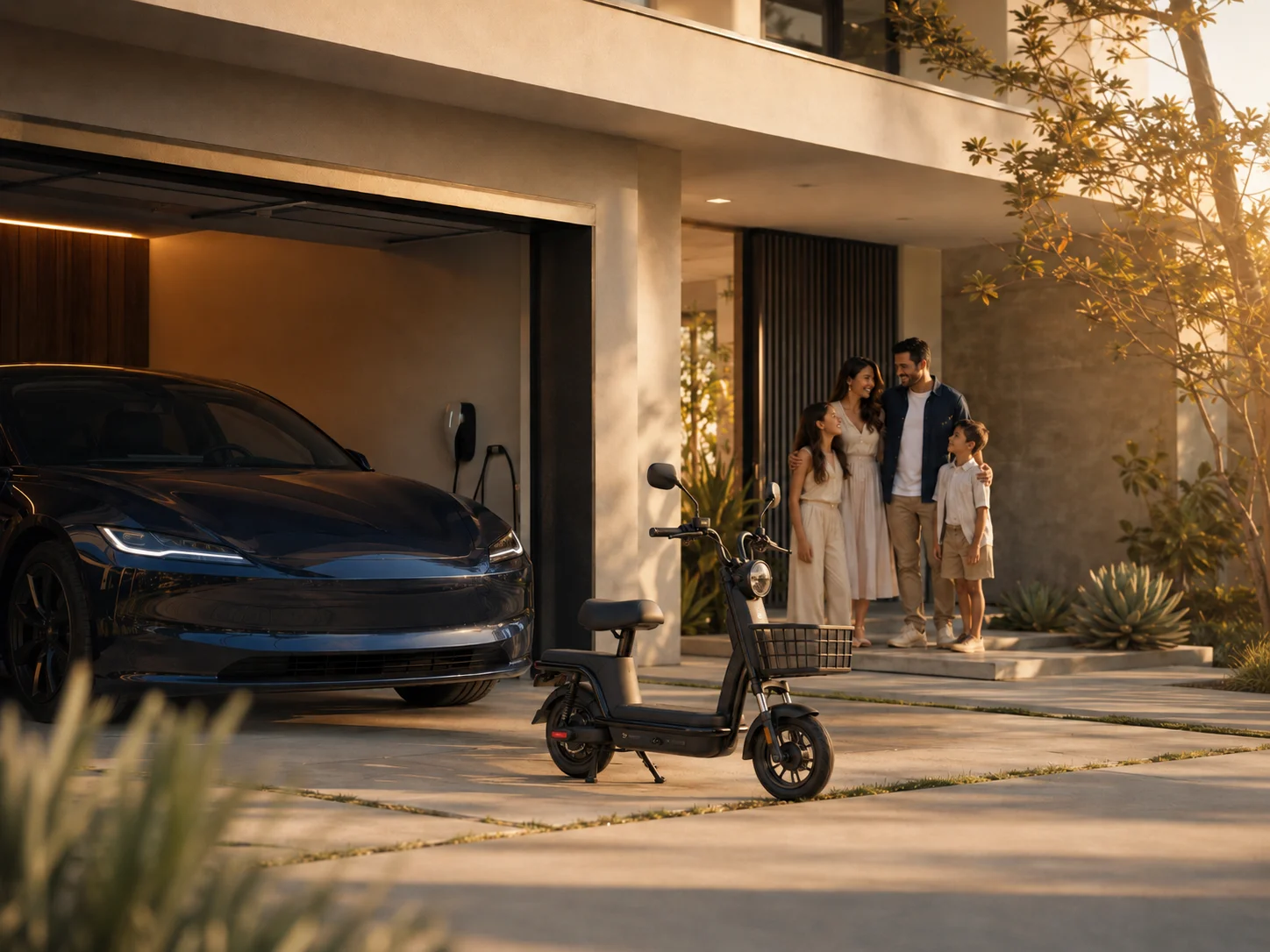Família em frente de casa, com carro e bicicleta elétrica