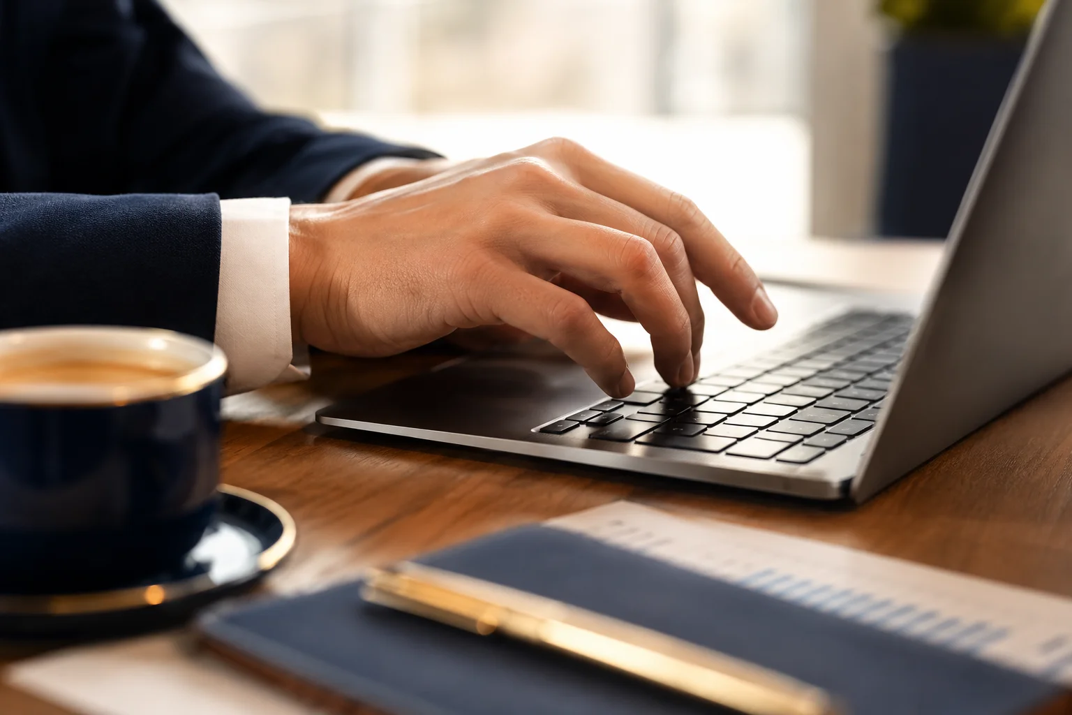 Atendimento da corretora, com notebook e materiais de trabalho